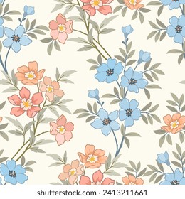 Blooming colorful hand drawn flowers seamless pattern. This pattern can be use for fabric textile wallpaper gift wrap paper background.