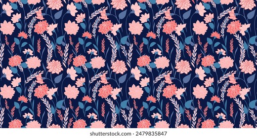 Blooming colorful wild meadow seamless pattern on a dark blue background. Abstract artistic branches with creative flowers, small leaves, tiny buds printing. Vector hand drawing.  Template for designs