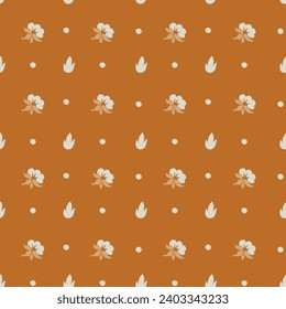 Blooming composition with leaves and foliage. Design for carpet, textile fabric. Minimalist floral motif made of tiny wildflowers. Seamless pattern, wallpaper or background print. Vector in flat style