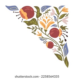 Blooming corner with flowers and foliage, bushes and twigs with leafage. Isolated abstract floral pattern with petals and wildflowers. Vector in flat style
