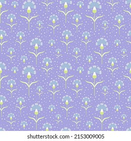 Blooming cornflowers seamless botanical pattern in pastel toned palette. Floral blossom design with meadow flowers. Wildflowers on repeating background for prints, textiles and fabric design.