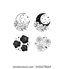 Blooming crescent moon with flowers and stars vector illustrations set