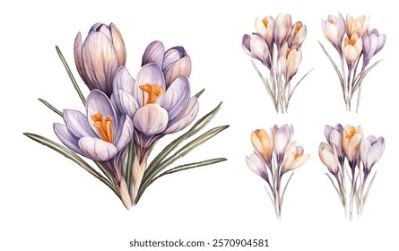 blooming crocus flowers with delicate purple petals and vibrant orange stamens. Perfect for spring-themed designs, botanical art, and nature-inspired projects.