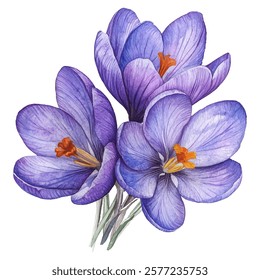 blooming crocus flowers with delicate purple petals and vibrant orange stamens. Perfect for spring-themed designs, botanical art, and nature-inspired projects.