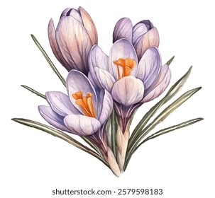 blooming crocus flowers with delicate purple petals and vibrant orange stamens. Perfect for spring-themed designs, botanical art, and nature-inspired projects.