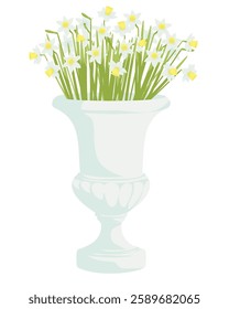 Blooming daffodils in decorative planter. 