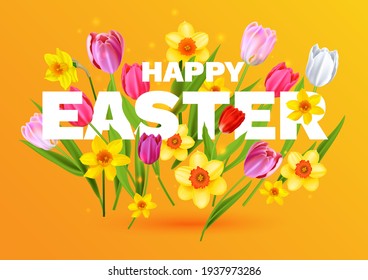 Blooming daffodils and tulips on yellow background. Spring nature floral banner with Happy Easter inscription.