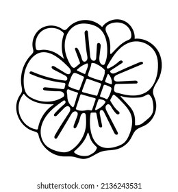 Floreciente arte de la línea de flores de margarita. Planta natural de doodle. Flores abstractas de jardín. Ilustración de contorno de vector dibujada a mano. Gráficos en blanco y negro.