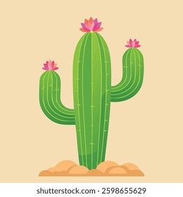 Blooming desert cactus with three vibrant flowers atop its tall, segmented green body, rooted in sandy soil