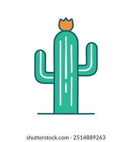 Blooming desert plant illustration. A vibrant green cactus with a bright orange blossom on top, symbolizing resilience and life in arid environments.