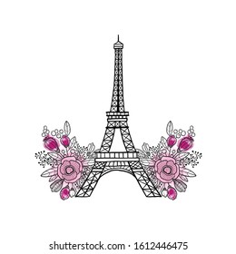 Blooming Eiffel Tower. Glamour vector composition. Great for Paris fashion prints, banners, traveling poster, cards, invitation, promotion, logo design. French style design.