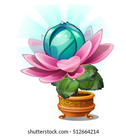 Blooming fantasy flower in the gold flower pot isolated on white background. Vector illustration.