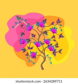 Blooming fantasy tree isolated on sunny yellow background in vector. Print for t-shirt, pillow, napkin, card.
