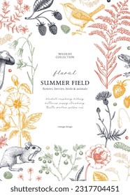 Blooming field flowers, vertical nature frame design. Birds, animals, berries, meadows, herbs, floral plants. Botanical frame with delicate wildflowers. Hand-drawn vector illustration, invitation card
