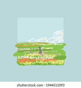 Blooming field of tulips. Holland, flower plantations. Spring landscape. White clouds over a green field. Growing plants. Silhouettes of a girl collecting a bouquet