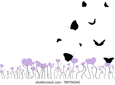 Blooming field with violet hearts and flying black silhouette of butterflies isolated on white background. Valentine day fantasy postcard with copy space, flat design, vector, eps 10