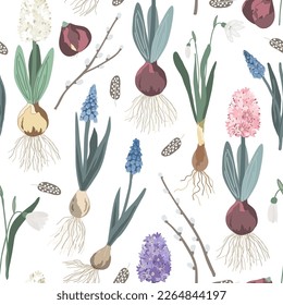 Blooming first spring flowers lie without a pot on white background, vector seamless pattern. Hyacinths, snowdrops and muscari plants waiting for transplant.