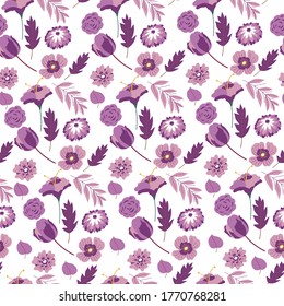 Florecimiento de la flora en primavera o verano sin costuras. Floristico flor, ramas de rosas y margarita. Celebración de vacaciones, fondo para tarjetas, impresión decorativa con elementos botánicos vectores