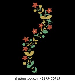 Blooming floral branch. Folk style. Illuminated manuscript motif. On black background.