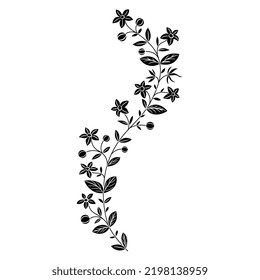 Blooming floral branch. Folk style. Illuminated manuscript motif. Black and white negative silhouette.