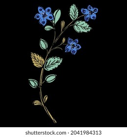 Blooming floral branch with green leaves and blue flowers. Medieval illuminated manuscript design. Hand drawn colorful rough sketch. Folk style. On black background.