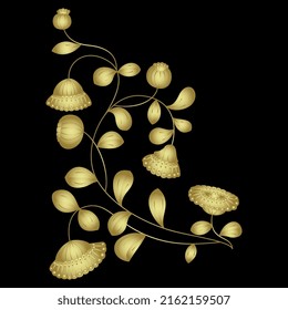 Blooming floral branch. Stylized calendula flower. Plant with leaves and blossom. Golden glossy silhouette on black background.