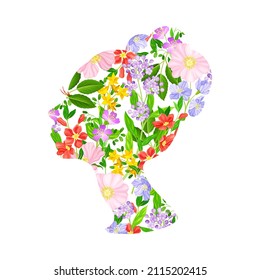 Blooming Floral Branches Framed in Female Head Silhouette as International Women s Day Holiday Symbol Vector Illustration