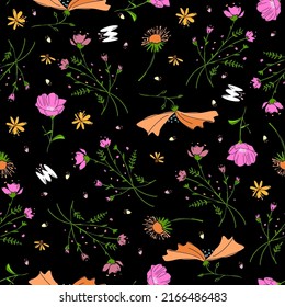 Blooming floral meadow seamless pattern. Plant background for fashion, wallpapers, print.Trendy floral design