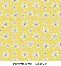 A blooming floral pattern in blooming botanical motifs is scattered randomly. Seamless vector texture. For fashionable prints. Print in a hand-drawn style on a yellow background, vector