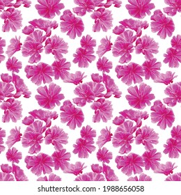A blooming floral pattern in blooming botanical motifs is scattered randomly. Seamless texture. For fashionable prints. Print in a hand-drawn style on a white background