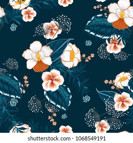 Blooming Floral pattern in the many kind of flowers. Tropical botanical . Seamless vector texture.fashion prints. Printing with in hand drawn style on navy blue. Blooming Floral pattern in the many kind of flowers. Tropical botanical . Seamless vector texture.fashion prints. Printing with in hand drawn style on navy blue.