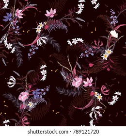  Blooming Floral pattern in the many kind of flowers. Garden botanical  Motifs scattered random. Seamless vector texture For fashion prints. Printing with in hand drawn style on burgundy background.