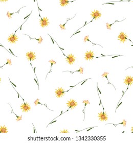 Blooming floral seamless pattern. Blossom botanical motifs scattered random. Trendy colorful vector texture. Fashion, ditsy print, fabric. Hand drawn different wild meadow flowers on white background