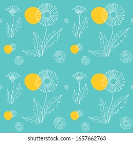 Blooming floral seamless pattern. Blossom modern botanical motifs with dandelion and leaf. Spring pattern. Outline dandelion meadow flowers. Cute childish flowers. Texture seamless pattern