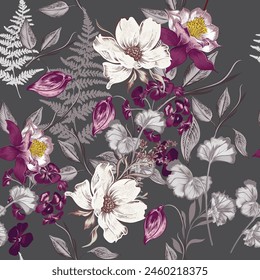 Blooming floral vintage pattern with vector delicate flowers