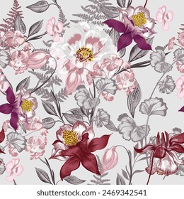 Blooming floral vintage pattern with vector flowers