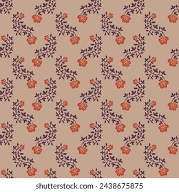 Blooming and flourishing florets with twisted stems and leaves. Decoration of flora, ornamental design for textile and fabric. Seamless pattern, wallpaper print or background. Vector in flat style