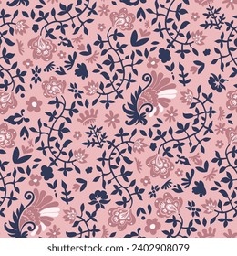 Blooming and flourishing flowers and leaves on twisted twigs composition. Floral motif for various objects decorating of house. Seamless pattern, wallpaper or background print. Vector in flat style