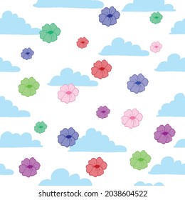 blooming flower with blue cloud illustration on white background. colorful flower in the sky. hand drawn vector, seamless pattern. doodle art for wallpaper, wrapping paper and gift, backdrop, cover. 