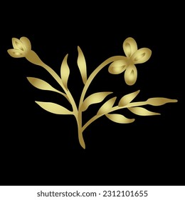 Blooming flower branch. Beautiful floral motif. Golden glossy silhouette on black background.