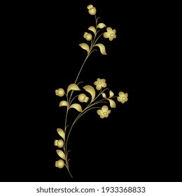 Blooming flower branch. Folk style. Beautiful floral motif. Golden glossy silhouette on black background.