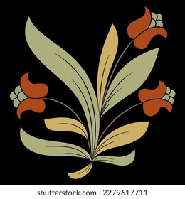 Blooming flower branch with leaves and blossom. Vintage folk style. On black background.