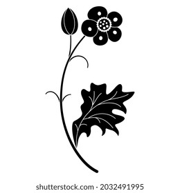 Blooming flower branch. Medieval floral motif. Folk style. Illuminated manuscript design. Black and white negative silhouette.