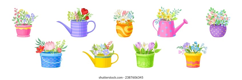 Blooming Flower Bungalows con pelucas en juego de vectores de macetas y vasos