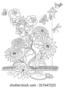 blooming flower with butterfly and birds