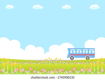 blooming flower field and a bus