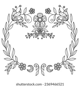 Blooming flower frame hand drawn for adult coloring book