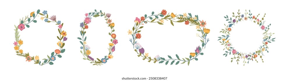 Blooming flower frames with flourishing. Vector geometric shapes of floral decoration for typography and ornaments. Blossom and branches of plants. Wildflowers borders with copy space set