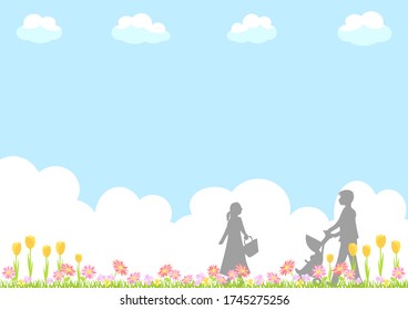 blooming flower garden and a family