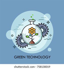 Blooming flower growing inside round-bottom flask and gear wheels. Concept of eco friendly technology, clean or green tech, environmental science. Modern vector illustration for banner, website.